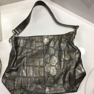 Pewter Kate Landry Leather Croc Shoulder Bag Purse
